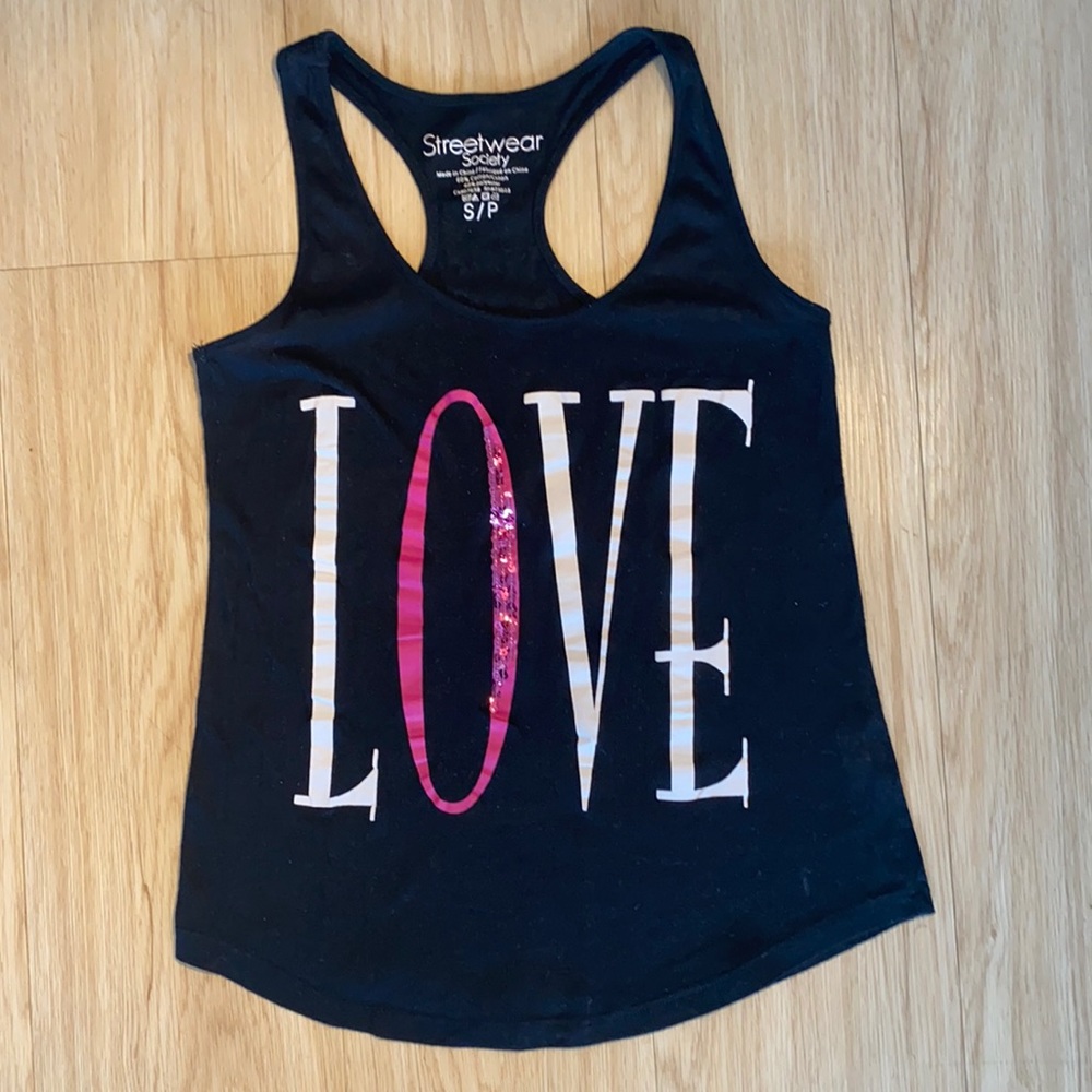 Love tank top with pink sequin detail